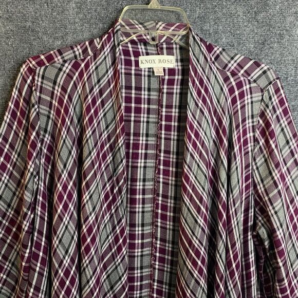 Knox Rose Open Cardigan Shirt Waterfall Front Maroon Plaid Sz L Rayon Tan Roll - Picture 8 of 14